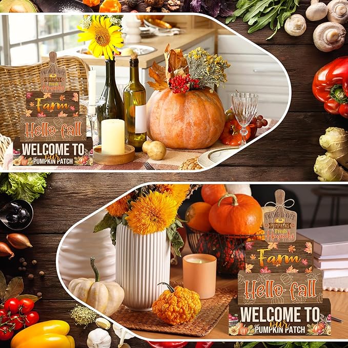 4 Pcs Fall Decorations for Home Farmhouse Tiered Tray Decor, Fall Kitchen Decor Rustic Wooden Cutting Board Block Sign Autumn Thanksgiving Harvest Tabletop Centerpieces for Home Table Indoor