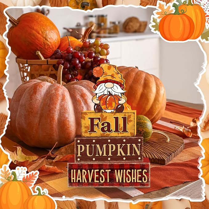 4 Pcs Fall Decorations for Home Thanksgiving Gnome Tiered Tray Decor, Fall Table Decor Farmhouse Rustic Wooden Gnome Pumpkin Block Sign Autumn Tabletop Centerpieces for Home Kitchen Indoor