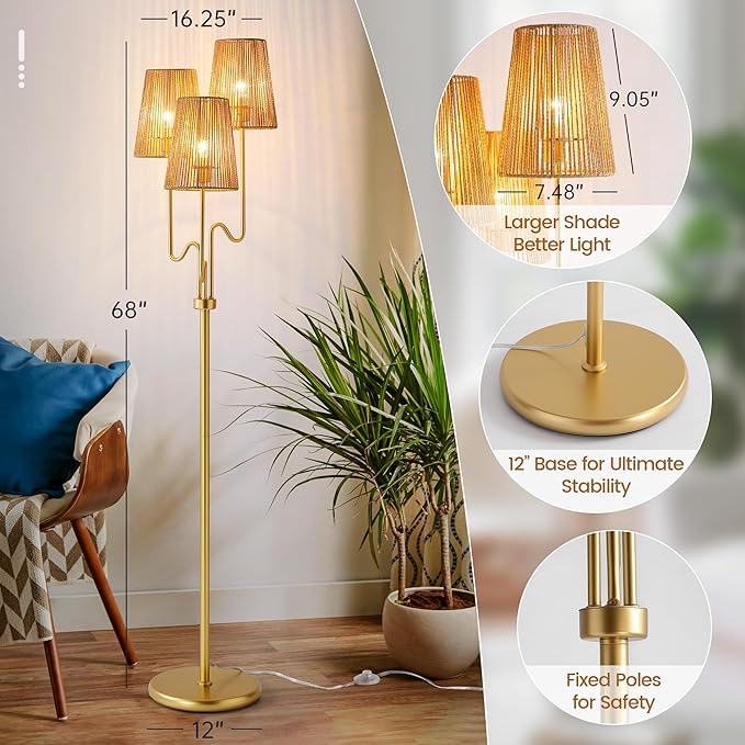Boho Floor Lamp, 68in. Rattan floor lamp with Natural Woven Shade, Rustic Standing Lamp for Coastal, Beach or Bohemian Style Decor, E26 Socket, On/Off Footswitch Lamp for Living room, Bedroom (Gold)