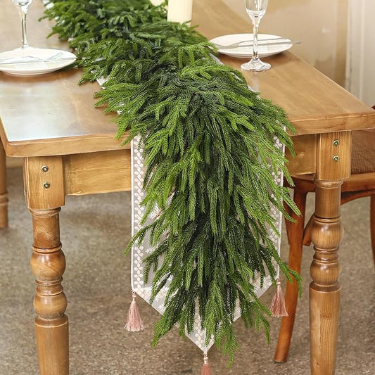 6FT Real Touch Norfolk Pine Garland - Artificial Christmas Garland Fake Green Faux Pine Needles Garland for Table Fireplace Mantle Holiday Home Indoor Outdoor Decor (2PCS)