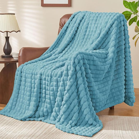 BEDELITE Washed Blue Throw Blanket Twin Size for Bed- Super Soft and Warm 3D Checkered Fluffy Fuzzy Fleece Blanket, Luxurious Plush Cozy Blanket for Room Decor Fall and Winter, 60x80 inches