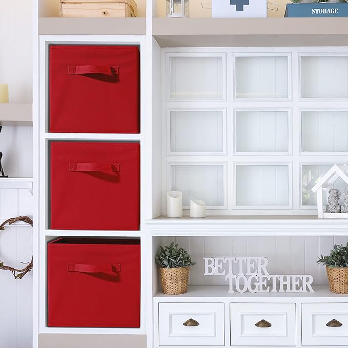 Sorbus Foldable Storage Cubes - 6 Fabric Baskets for Organizing Pantry, Shelf, Toy Box, Cubby, Closet Organizer - 11 Inch Collapsible Closet Organizers and Storage Bins - Red Storage Cubes with Handle