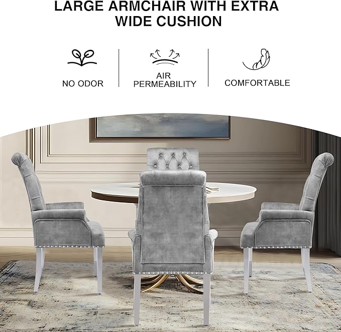 AODCHR Upholstered Velvet Accent Dining Chair, Elegant Tufted Dining Room Kitchen Room Arm Chair with Stainless Steel Leg, Light Grey