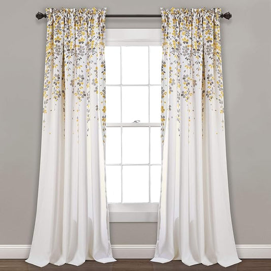 Lush Decor Weeping Flower Light Filtering Window Curtain Panels, Pair, 52"W x 84"L + 2" Header, Yellow & Gray - Charming Modern Floral Curtains for Living Room, Dining Room, & Bedroom