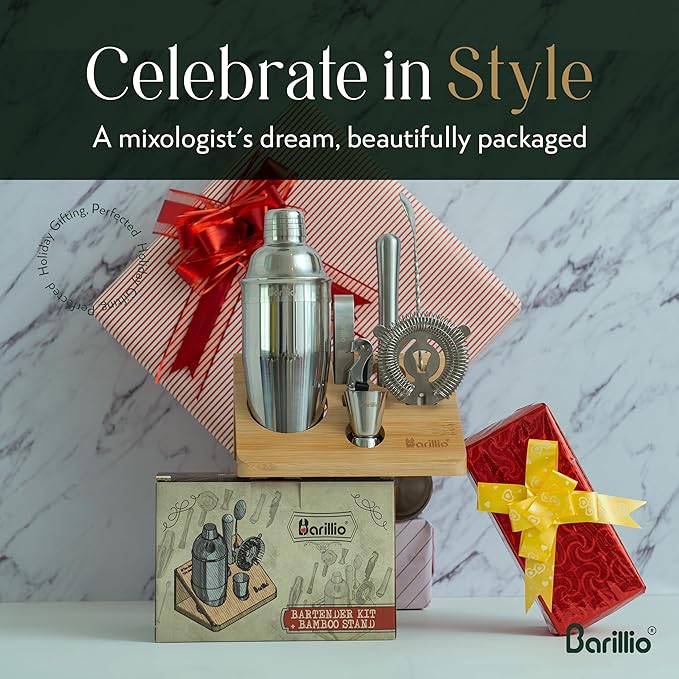 Barillio Bartender Kit - Stainless-Steel Cocktail Shaker Set with Bamboo Stand - Mixology Bar Tools w/Shaker, Drink Mixer Spoon & Muddler for Cocktails - Home Bar Accessories - 10-Pc Bar Set - Silver