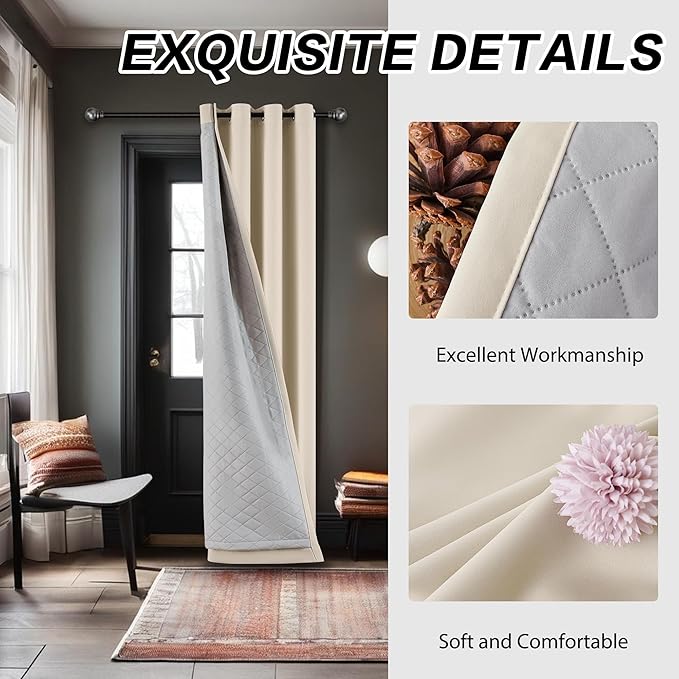 Soundproof Heavy Duty Curtains 3-in-1 Thermal 100% Blackout Curtains 50Wx120L for Bedroom Living Room 1 Panel Beige