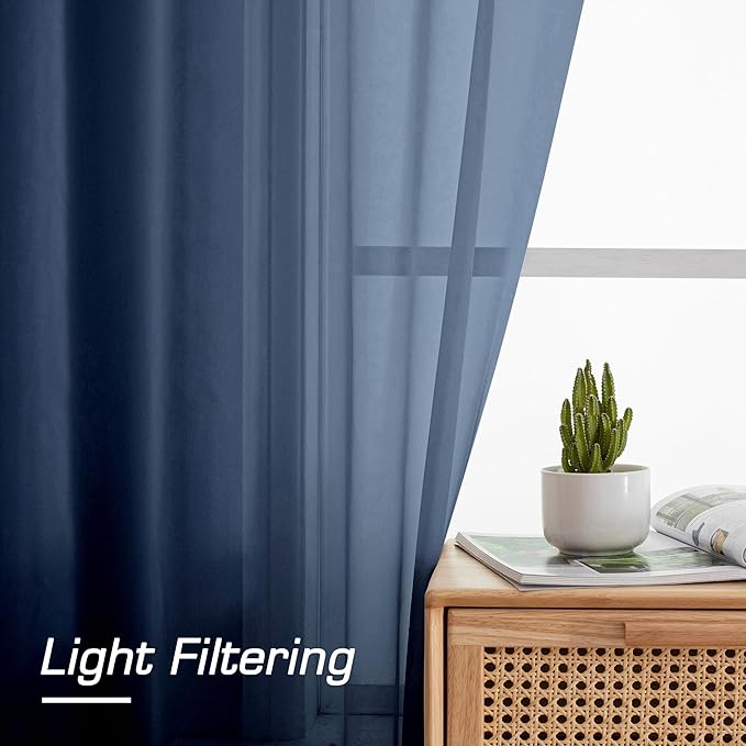 Aiyufeng Long Navy Blue Sheer Curtains 96 inches Long for Living Room, Privacy Sheer Curtains Window Treatment Translucent Sheer Drapes for Farmhouse/Cottage, 40" Wide (2 Panels)