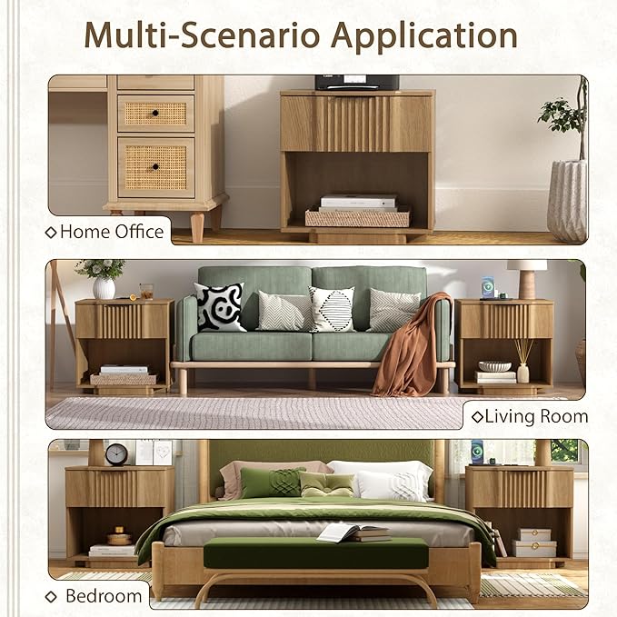 Yechen Fluted Nightstand with 20W Fast Charging Station - Modern Farmhouse Wood Night Stand with Storage Drawer & Shelf, Large Wide Bedside End Table for Bedroom with Curved Profile Base, Natural Oak