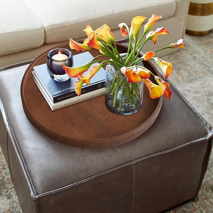 HofferRuffer Round Serving Tray 20'', Elegant Faux Leather Circle Ottoman Table Tray, Serve Tea Coffee Breakfast in Bedroom Living Room Kitchen (Brown)