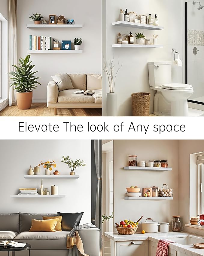 BAYKA Floating Shelves, 36 inch Wall Mounted Rustic Wood Shelves for Bathroom, Bedroom, Living Room, Kitchen, Office, Hanging Shelf for Books/Storage/Decor(White,Set of 2)