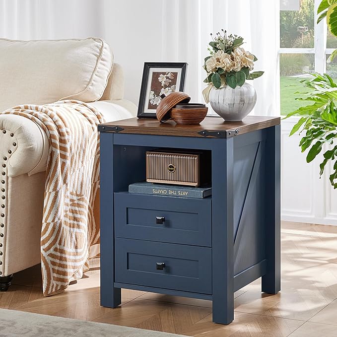 Nightstand with Charging Station, Farmhouse Night Stand with 2 Drawers and Shelf Storage, Blue Wooden Side End Table, Bedside Cabinet for Bedroom, Living Room, Closet,Office