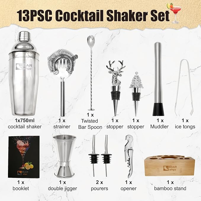 Cocktail Shaker Set Bartender Kit,Mixology Bartender Kit 13-Piece with Bamboo Stand,Professional Cocktails Kit with All Essential Accessory Tools for Drink Mixing Gift(with Silicone Pad)