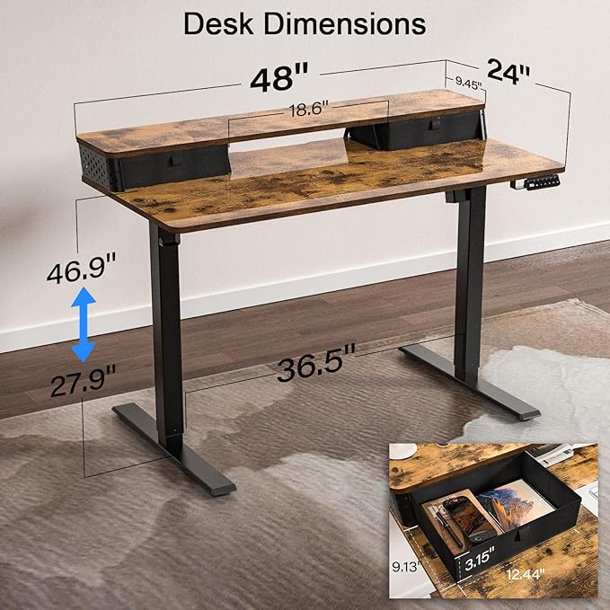 48 x 24 Inch Standing Desk with 2 Drawers, Easily Assembled Height Adjustable Desk, Ergonomic Sit to Stand Electric Desk for Home Office Workstation, Rustic Brown