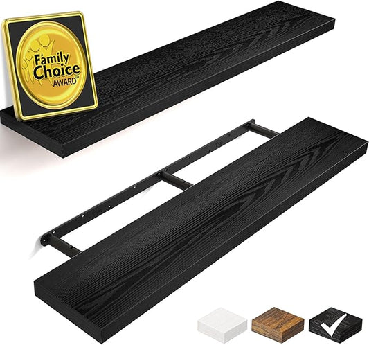 BAYKA Floating Shelves, 48 inch Wall Mounted Rustic Wood Shelves for Bathroom, Bedroom, Living Room, Kitchen, Office, Hanging Shelf for Books/Storage/Decor(Black,Set of 2)