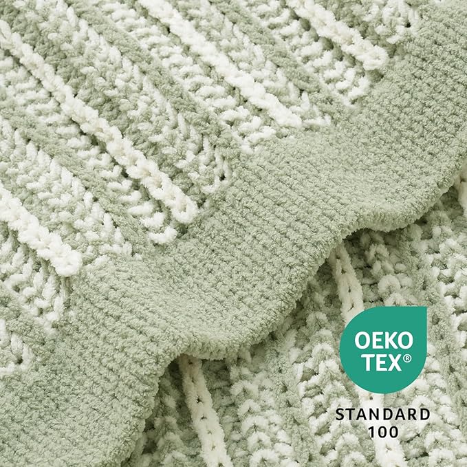 Amélie Home Striped Knit Throw Blanket for Couch, Dual-Sided Soft Chenille Decorative Blankets for Sofa & Chair, 50"x60", Sage Green & White