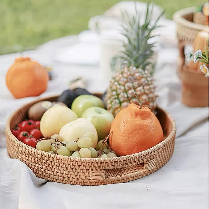 14.2" Round Rattan Tray, Hand Woven Serving Tray with Handles, Wicker Serving Basket, Decorative Tray for Home Decor, Natural