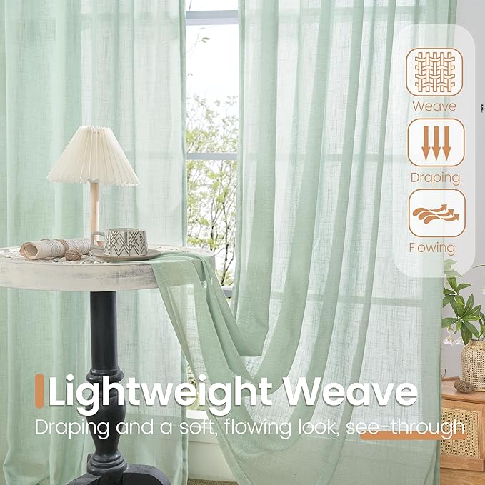 BGment 40 Inch Length Sage Green Linen Curtains for Short Window - Rod Pocket Light Filtering Drapes Natural Textured for Cafe Bedroom Decorative Lightweight Rustic, 2 Panels Set, 42 X 40 Inch
