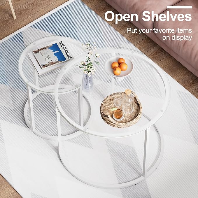 aboxoo White Nesting Glass Table Set of 2, Small Glass Round Nesting Tables for Living Room Bedroom, Accent Tea Table with Metal Frame Modern Industrial Simple