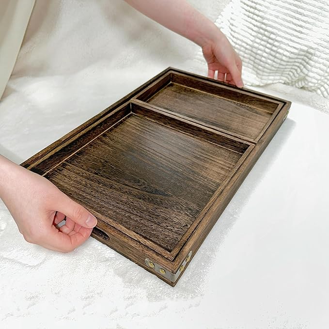 Rustic Wooden Serving Trays with Handle, Serving Platters, Charcuterie Board Set of 3 Nesting Food Trays for Serving Food, Home Decor/Breakfast/Coffee Table/Butler/Ottoman/Bed Tray