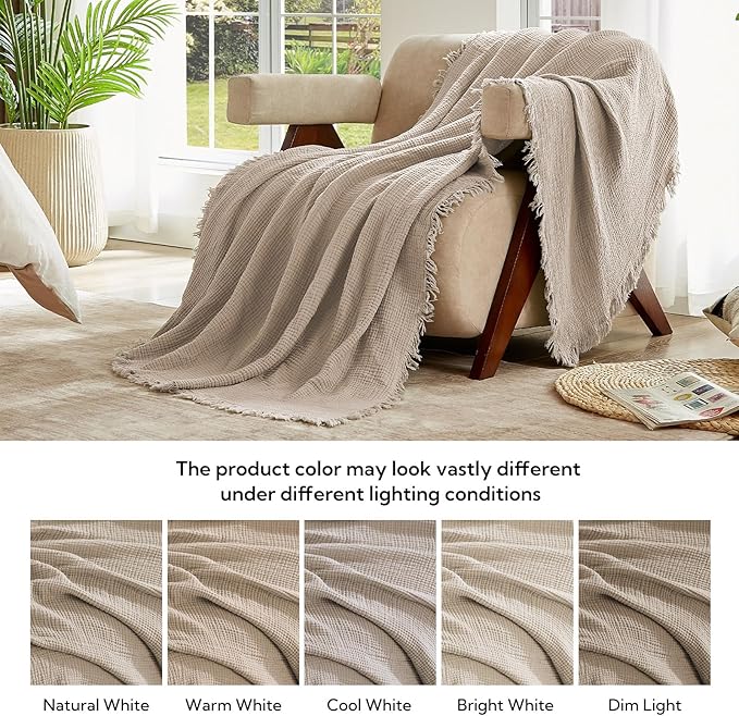 SOULFUL Muslin Throw Blanket with Tassels - Soft Full Size Cotton Throw Blanket for Couch or Bed, Lightweight and Breathable Gauze for All Seasons, Light Tan, 66" x 90"