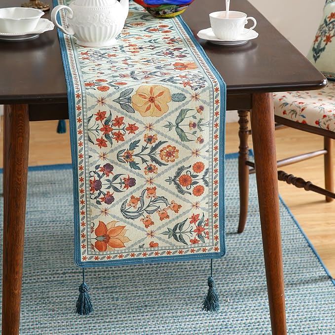ISAENNE Designer Bohemian Elegant Linen Table Runner 71 Inches Long,Colorful Flower Pattern Table Runners for Dining Tables,Thanksgiving,Kitchen Tables,Christmas,12"*71"-Floralsea A