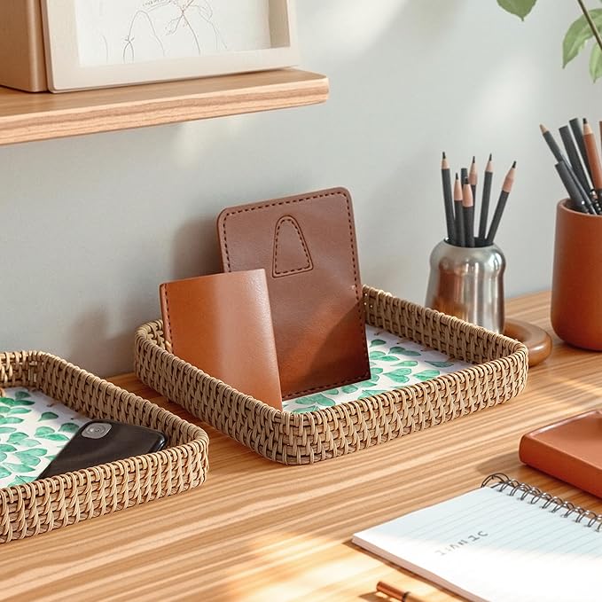Set of 3 Rectangle Rattan Serving Trays with Mother of Pearl Inlay – Hand-Woven Wicker Trays for Coffee Table, Bathroom, Kitchen Counter or Entryway, Boho Coastal Decor, Checkered Design