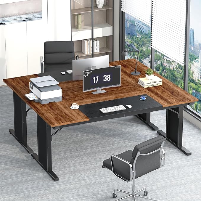 63 inch Computer Desk, Large Executive Office Desk, Gaming Desk Modern Work Desk Study Writing Table for Home Office, Brown and Black