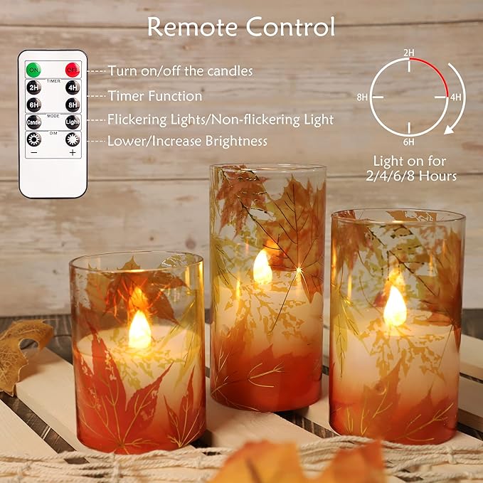 Fall Flameless Candles with Remote Timer Thanksgiving Gift Battery Operated LED Realistic Wax Glass Candles Gold-Red Maple Leaves Decor for Bedroom Home Table Ornament
