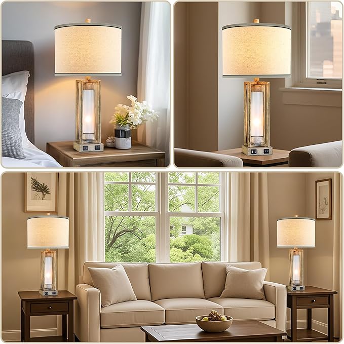 RORIANO 25" Set of 2 Farmhouse Table Lamps for Living Room with USB A+C Ports, Rustic Nightstand Lamp with White Night Light, Vintage Desk Lamp for Entryway Bedroom End Table, 4 Bulbs Included
