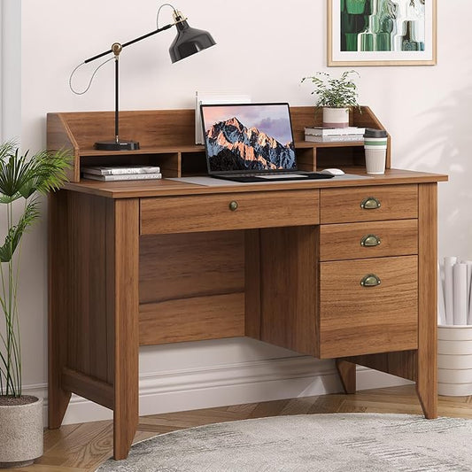 4 EVER WINNER Wooden Desk with Drawers, Small Desk with Monitor Stand and File Drawe, Office Desk with Drawers for Bedroom Small Spaces, Walnut