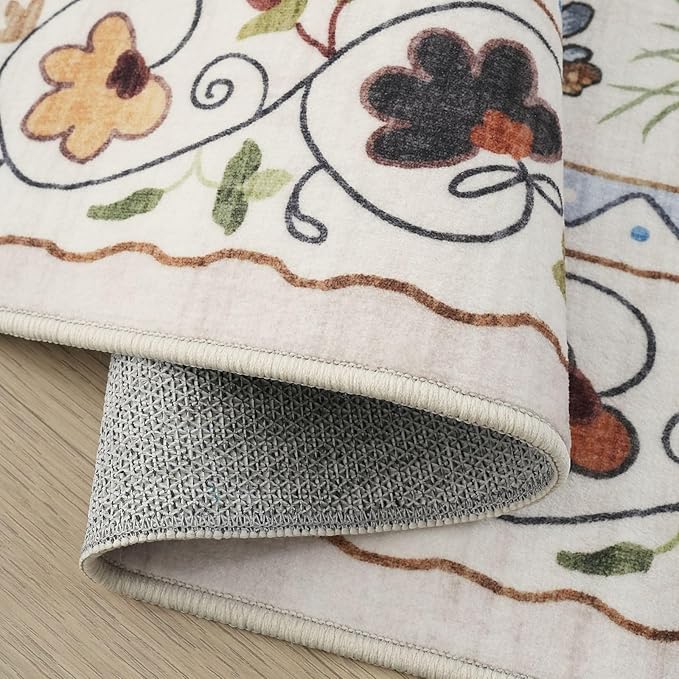 Rugcomf Area Rugs 9x12 Living Room Clearance Washable Boho Rug Non Slip Floral Animal Cat Vintage Low Pile Large Rug for Living Room Bedroom Farmhouse Dining Room Kids Playroom, Beige