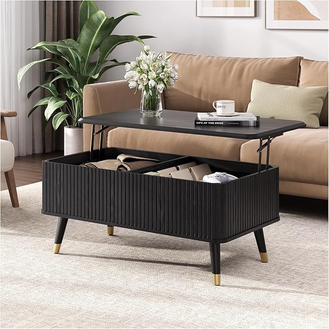 Lift Top Coffee Table, Mid Century Modern Coffee Table with Hidden Compartment, Fluted Lift Tabletop Center Table for Living Room, Home Office, Black