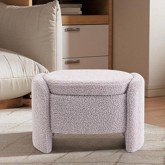 Storage Bench with Lamb Fleece Fabric, Vanity Stool Chair, Upholstered Ottoman with Small Hidden Storage for Bedroom, Living Room, Entryway, No Assembly Required, Grey