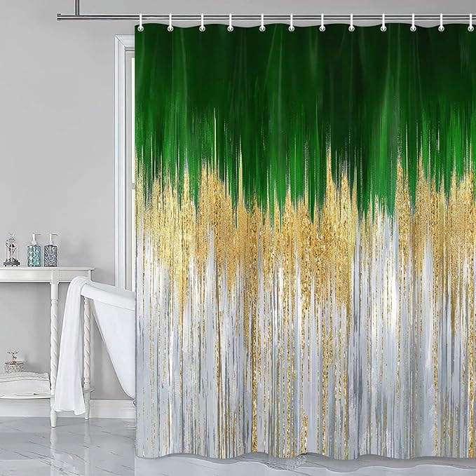 JAWO Abstract Green Shower Curtain, Lake Blue Boho Ombre Minimalist Chic Art Shower Curtains, Modern Neutral Contemporary Striped Brush Strokes Tan Art Waterproof Bathroom Curtain with 12 Hooks