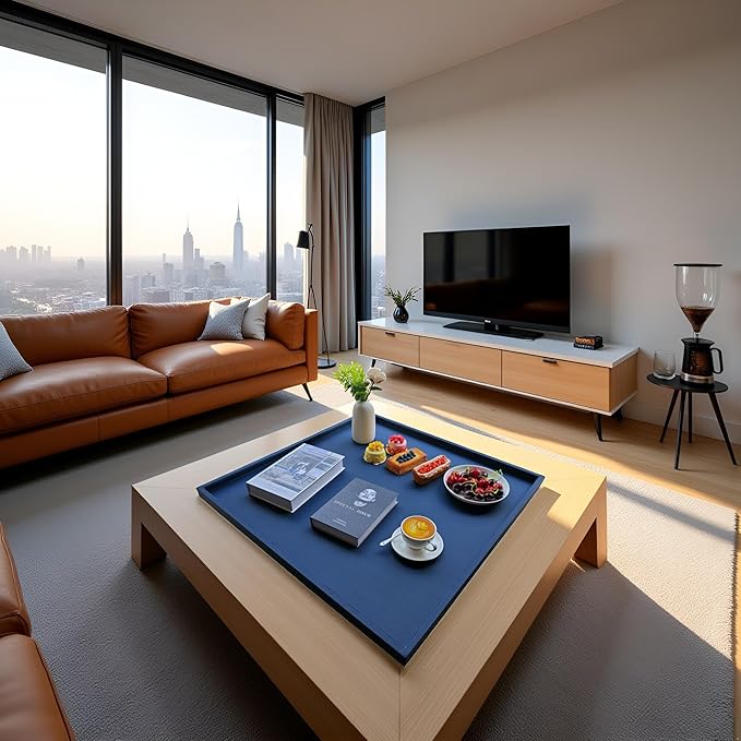 30 * 30 Inch Rectangular Ottoman Tray | Textured PU Leather, Waterproof & Heat-Resistant Storage for Coffee/Dining Tables, Sofa, Bed, Entertainment & Party (Navy Blue, 30 * 30in)