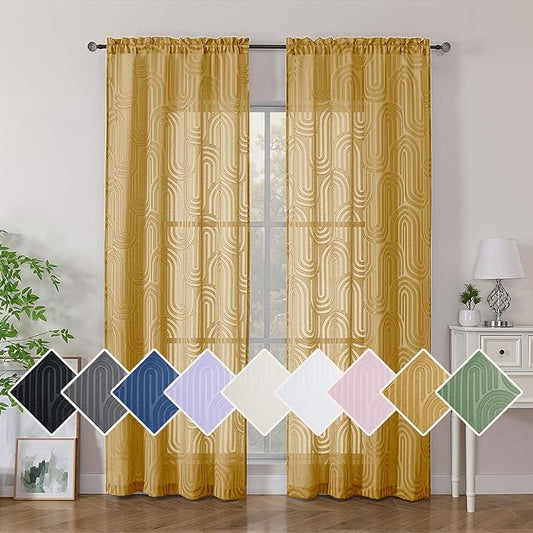 Simplebrand Gold Semi Sheer Curtains 84 Inches Long 2 Panels, Soft Airy Light Filtering Jacquard Clip Textured Semi Sheer Curtains for Living Room, Modern Elegant Rod Pocket Window Panels, 42" Wx84 L