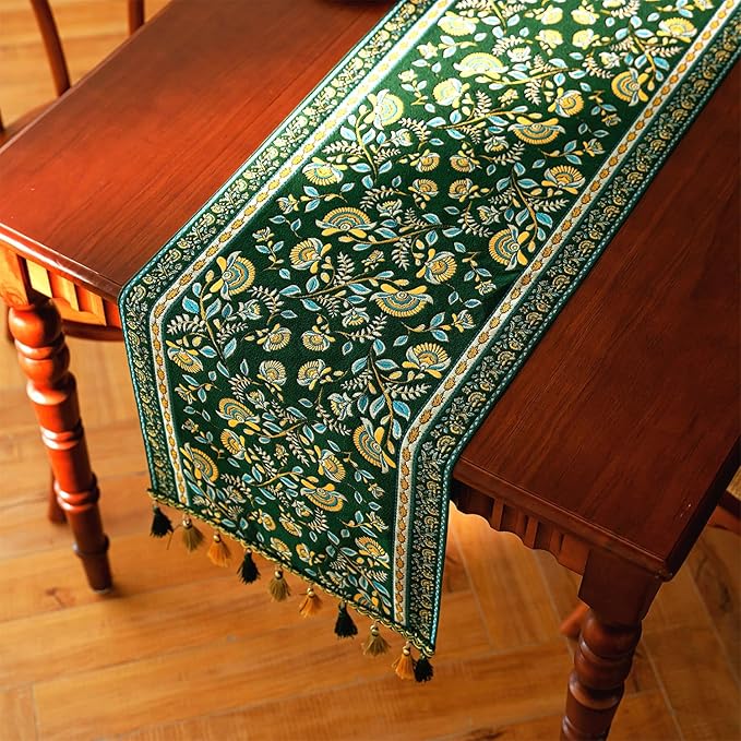 13×72 Inch Table Runner, Retro-Luxury Tassels Series for Kitchen Dining Table Holiday Decoration (Green Branch)