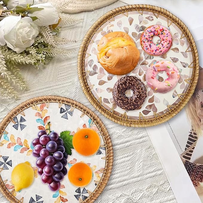 Round Rattan Serving Tray with Mother of Pearl Inlay & Coaster, Boho Wicker Basket, Decorative Coffee Table Tray for Table Decor, Storage and Display of Coffee Bread Fruit (Wicker)