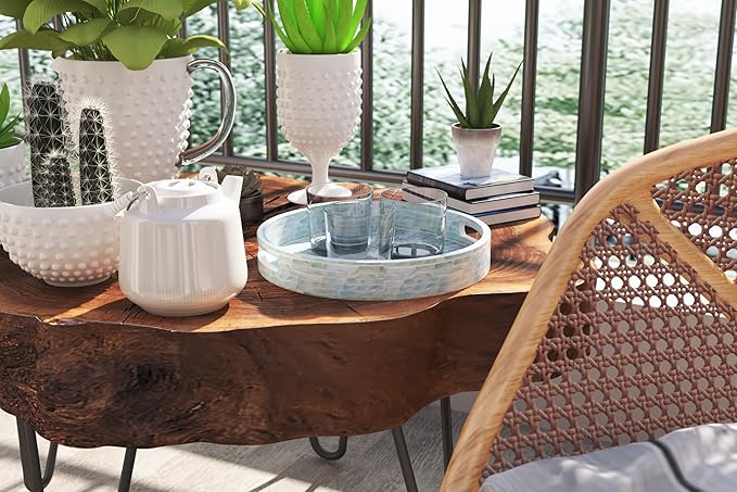 PEMAR 12.6” Mother of Pearl Round Serving Tray with Handles, Decorative Nacred Wooden Ottoman Coffee Table Tray (Teal Sunlight)