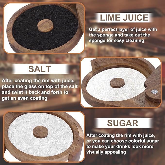 Margarita Salt Rimmer Set 3-Tier Acacia Wood Bar Glass Rimmer with Lid & 6 Sponges Perfect for Margaritas, Bloody Marys, Manhattans Ideal for Home Bars & Parties Brown