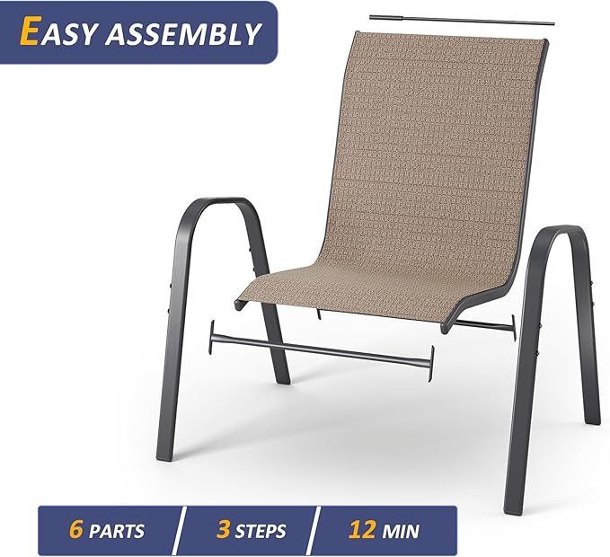 Amopatio 7 Pieces Patio Dining Set, Outdoor Table and Chairs, Square Metal Table with Umbrella Hole, 6 Stackable Chairs, Patio Furniture Sets for Deck, Backyard, Garden and Poolside, Brown