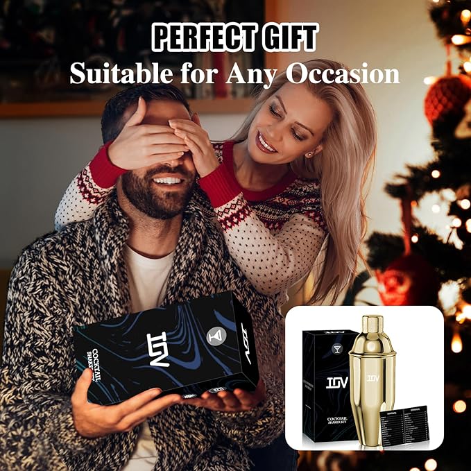 IOV Cocktail Shaker, 24 oz Martini Shaker, Drink Mixer with Built-in Strainer, Professional Stainless Steel Margarita Alcohol Shaker with Cocktail Recipe Guide, Bartender Kit Gifts, Gold