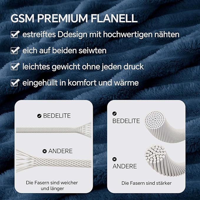 BEDELITE Fleece Throw Blanket for Couch - 300GSM Soft & Warm Fluffy Navy Blanket, Decorative and Giftable Striped Blankets for Women, Men, 50"x70"