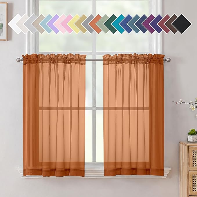 Aiyufeng Orange Sheer Curtains 36 inches Long, Short Kitchen Window Treatment Solid Sheers Cafe Curtains Bathroom Voile Half Window Curtains 2 Panels, Rod Pocket, 40" Wx36 L