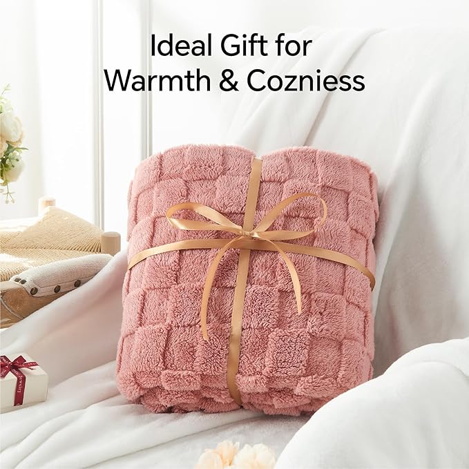 BEDELITE Super Soft Throw Blanket for Couch and Bed, Lightweight Cozy Fluffy Decorative 3D Checkered Blanket, Warm and Fuzzy Fleece Blanket for Camping, Travel(Dusty Pink, 60"x80")