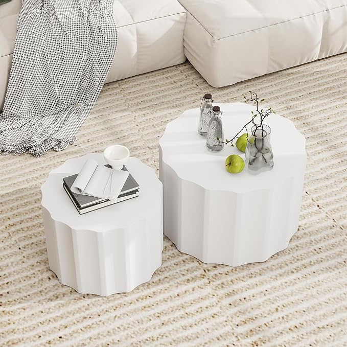 Nesting Coffee Table Set of 2, Round Coffee Tables, Space-Saving Modern Circle Coffee Tables, Side End Table for Living Room, Bedroom, Balcony, Office, White