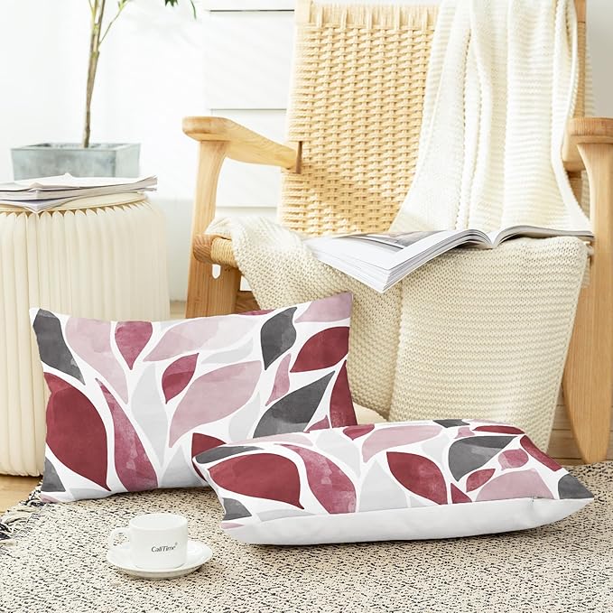 CaliTime Throw Pillow Cases Pack of 2 Cozy Fleece Falling Dahlia Floral Flowers Petals Decorative Cushion Covers for Couch Bed Sofa Farmhouse Decoration 12 X 20 Inches Burgundy Pink Grey