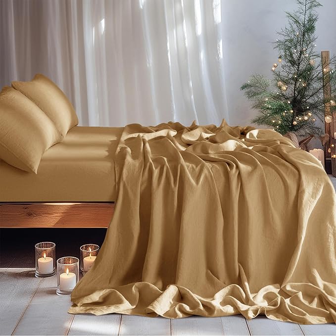 LBRO2M 100% Linen Sheet Set King Size,Bed Sheets 4 Piece Sets,Solid Color Natural Flax Bed Sheets Soft Breathable Bedding,16" Deep Pocket,All Season (King, Rust)