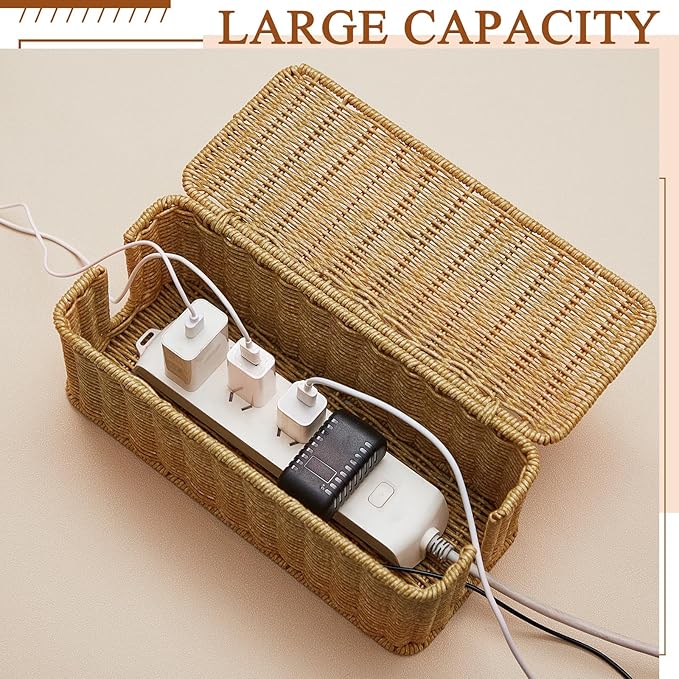 Marsui 3 Pcs Cable Management Box Synthetic Rattan Cord Organizer Cable Hider Storage Wire Box with 2 Open Slots for Home Office Desk Computer TV Wires USB Hub (Small,Medium,Large)