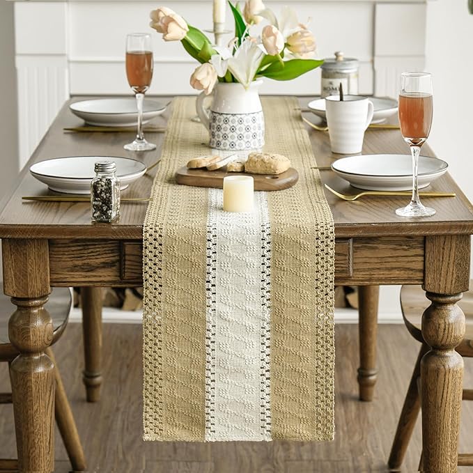 Artoid Mode Burlap Brown Farmhouse Rustic Table Runner, Seasonal Hollow Kitchen Dining Table Decoration for Home Party Decor 12x48 Inch